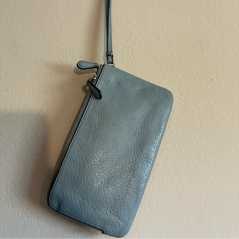 Coach Double Corner Zip Wristlet Pebbled Leather Light Blue - Picture 2 of 8